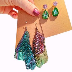 2 Pairs Purple Green Crystal and Long Metal Mesh Drop Earrings Lot NWT